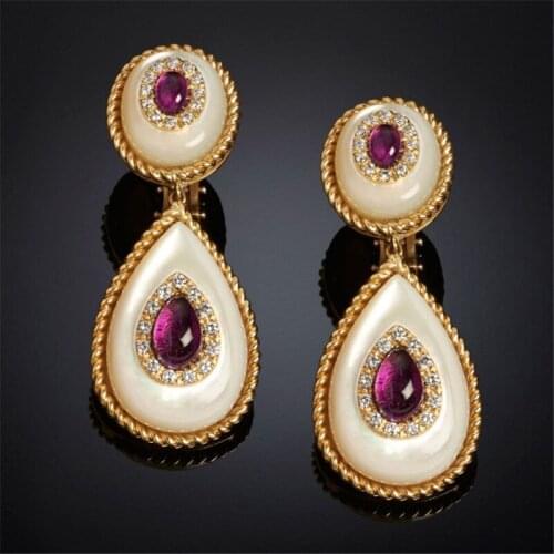 2021 New Luxury Purple Stone Big Water Drop Earrings For Women Yellow Gold Twist Metal Brincos White Enamel Earring Jewelry