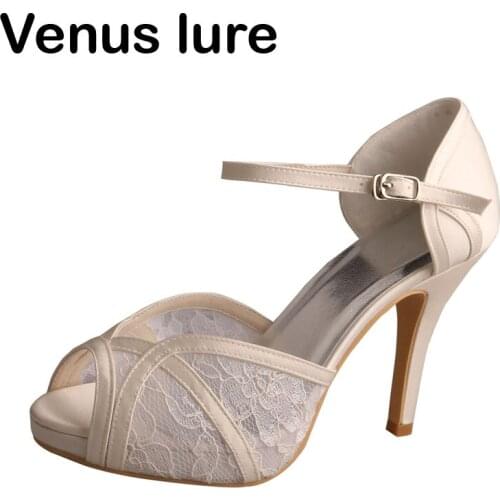 Ladies High Heel Peep Toe Shoes for Wedding Platform Bride Sandals Ivory Lace
