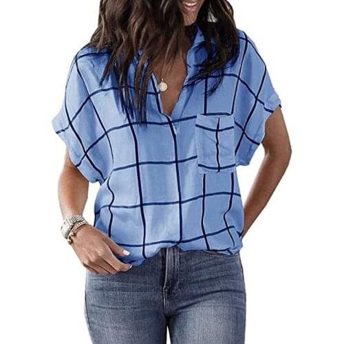 Women Plaid Print Pocket Harajuku Top Pullover Ladies' All-match Casual Loose V-neck Bat T Shirt Short Sleeveslus Size S-3XL