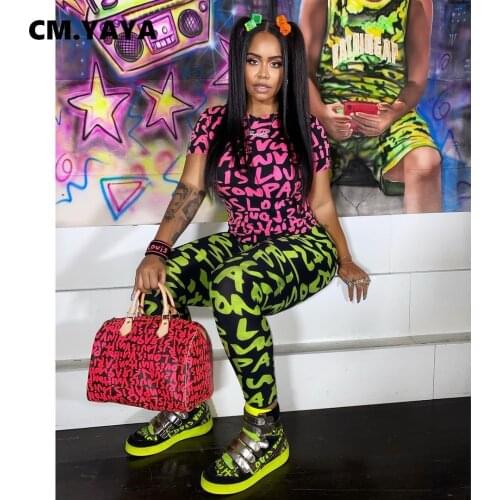CM.YAYA Women Set Letter Print Short Sleeve T-shirts Strechy Pencil Pants Two 2 Piece Set Active Tracksuit Fashion Outfit Summer
