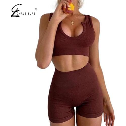 CHRLEISURE 2Pcs Women Suit Workout Set Sexy Bra Shorts Casual Clothing Breathable Wear Athletic Yoga Set