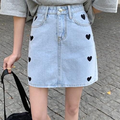 Zoki Fashion Design Love Heart Women Jeans Summer New 2021 Light Blue Mini A-Line Casual Korean Woman Short Jeans