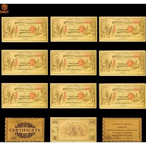 10Pcs/Lot New 1875 US Gold Banknotes 5 Dollars Gold Foil Banknotes With Color US 24k Gold Plated Note For Collection Gifts