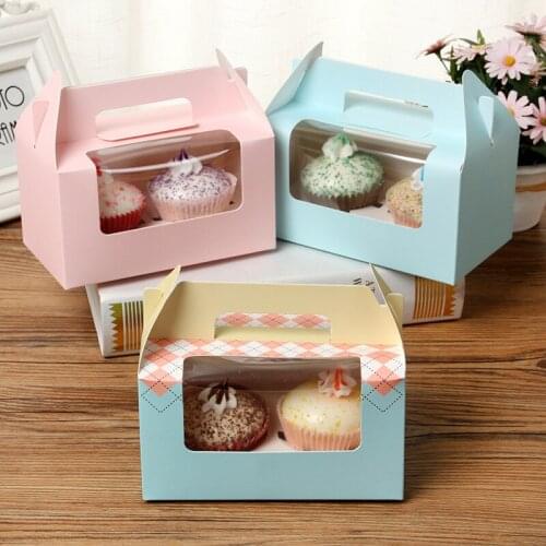 50pcs Two Case White Pink Blue Kraft Paper Cupcake Box Cake Box With Clean PVC Window Wedding Party Favor Box Cake Packaging
