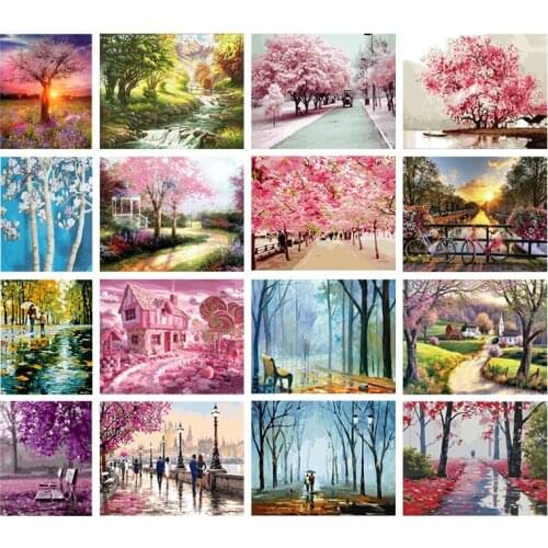 Pink Cherry Tree Landscape Diamond Painting Full Square/Round Rhinestone Mosaic Art Diamond Scenery Forest Path Wall Decoration