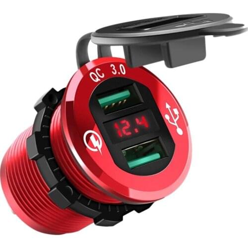 Quick Charge 3.0 USB Charger Socket, 12V/24V Dual USB Car Power Outlet Waterproof Cigarette Lighter with LED Voltmeter
