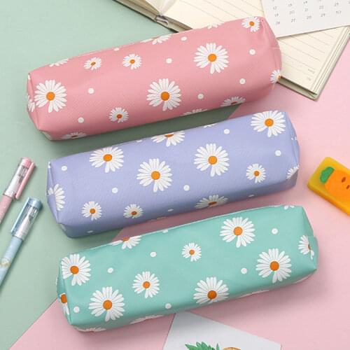 Flower Silica Gel Black Pencil Bag School PencilCases for Girls Student Stationery Cute PU Daisy Pencil Case Office Supplies