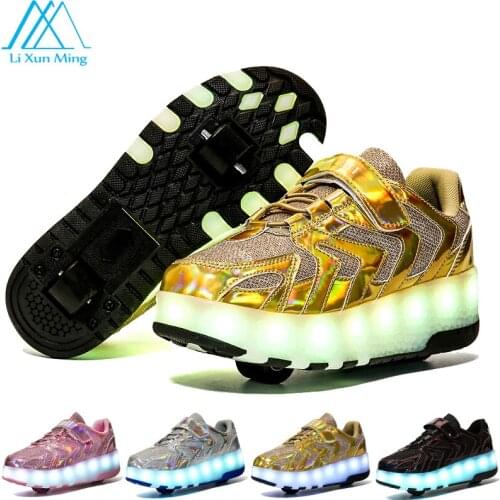 Children LED light roller skating shoes leisure with rollers two-wheeled single-wheeled sports shoes USB rechargeable size 28-40