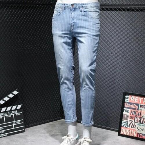 Mens Jeans Fashion Slim Fit Vintage Striped Denim Pants Streetwear Mens Clothes Men Ankle Length Pencil Pants Casual Trousers