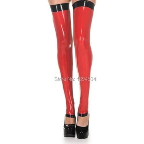 Exotic gothic women female handmade Latex red with black trim heel step-on-feet slim cekc Long Stockings Thigh boots Socks