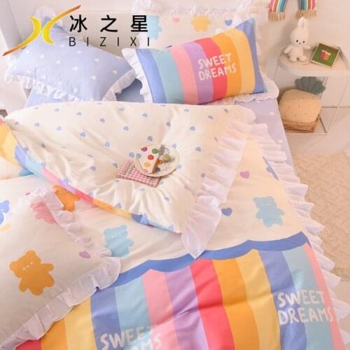 Kawaii Rainbow Bedding Set Cotton Twin Full Queen Size Strawberry Flower Hearts Cute Fitted Bed Sheet Pillowcases Duvet Cover