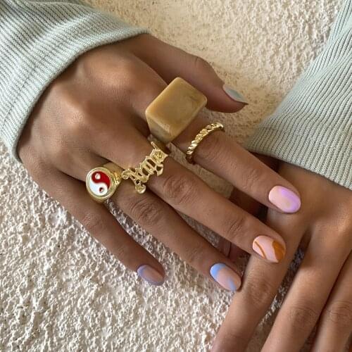 3pcs Combo Set Punk Style Women Personality Temperament Fashion Fine Taiji Painting Oil Heart Ring Set Girl Jewelry Accessories