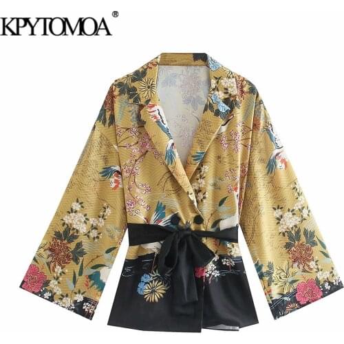 KPYTOMOA Women 2021 Fashion With Belt Crane Floral Print Kimono Blouses Vintage Long Sleeve Side Vents Female Shirts Chic Tops