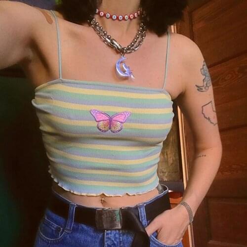 Summer Women Sexy Vintage Sleeveless Crop Straps Vest Tank Tops Camisole Top Cropped Tops 2020 E-Girl Style Spaghetti Strap Y2K