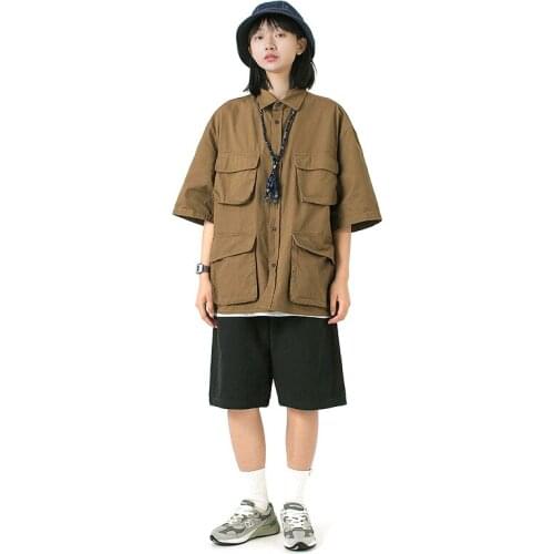 Summer Japanese retro loose tooling short-sleeved shirt men and women with the same style of neutral casual shirt jacket
