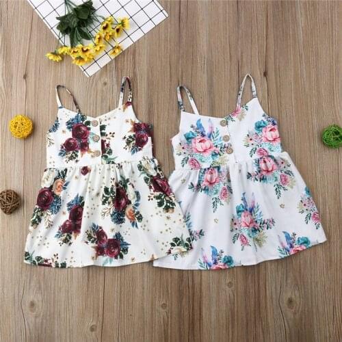 Fashion Kids Baby Girls Flower Summer Princess Dress Floral Sleeveless Strappy V-Neck Button Dress High Waist Cotton Dress 0-3Y