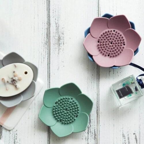 1PC Soap Box Lotus Shape Silicone Non-slip Portable for Water Draining Solid Color Draining Soap Dish Bathroom Accessories