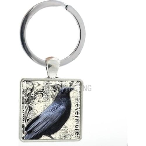 2016 new vintage The Raven Edgar Allan Poe keychain men women Nevermore trendy bird charm glass metal key chain ring holder AA39
