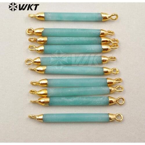 WT-C221 Wholesale natural Amazonite long slim column connector pendant, gold color double loop terminated pendant for women gift