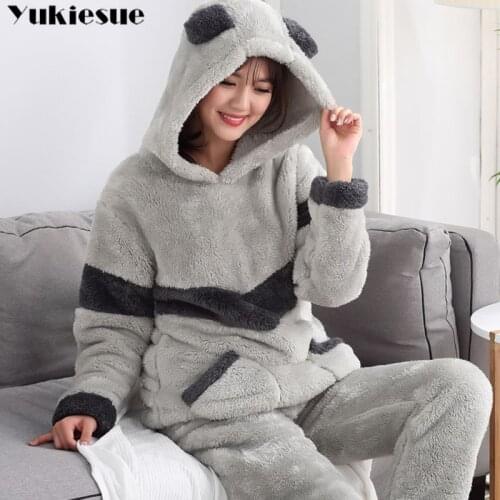 Autumn Winter Women Pyjamas Sets pajamas Sleepwear Suit Thick Warm Coral Flannel nightgown Female Cartoon Animal Pijama Mujer