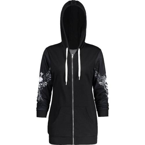 Autumn Womens Skull Wings Print Halloween Zip Up Hoodie Long Sleeve Spring Sweatshirts Coat Cool Hoodies Sudaderas Mujer