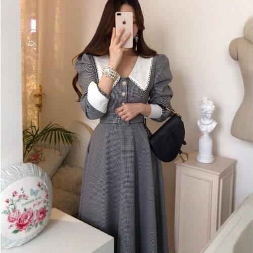 ZAWFL 2021 Plaid Korean Elegant Party Midi Dress With Belt Women Long Sleeve Peter Pan Collar Fashion Office Female Vestido