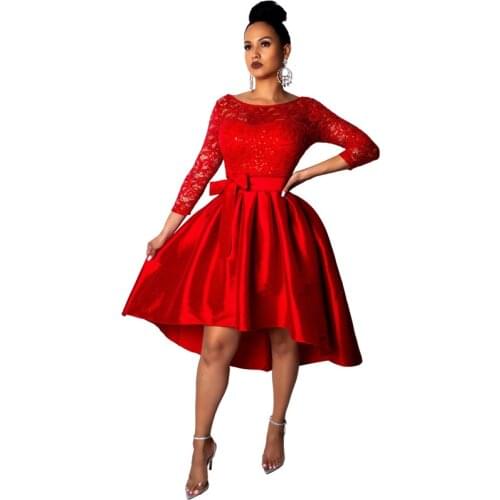 2020 Hot European and American spring womens pearl slice lace fashion dress solid color big swing dress