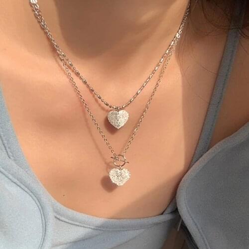 Origin Summer Bling Bling Love Heart Matte Pendant Necklace for Women Charming Silver Color Toggle Clasp Metal Necklace Jewelry