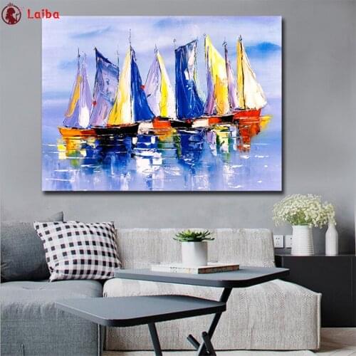 DIY round square diamond embroidery Abstract art, sailboat pattern cross stitch kits 5d diamond painting rhinestone