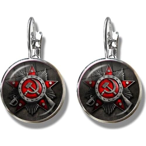 CCCP USSR Soviet Army Red Star French Hook Earrings Glass Cabochon Art Round Russian Badges LOGO Jewelry For Women Girls Gift