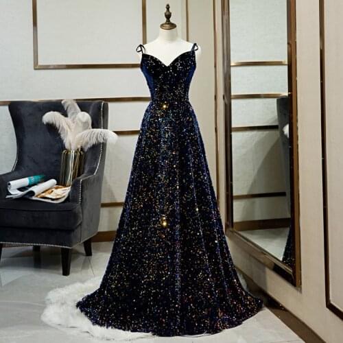 Sequins Evening Dress V-Neck Backless A-line Floor-length Strapless Empire Sleeveless Plus size Party Formal Dresses Woman R1421