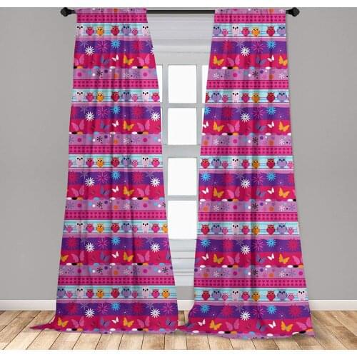Hot Pink Owl Curtains Striped Cartoon Style Pattern with Owls Flowers Butterflies Window Treatments for Living Room Bedroom