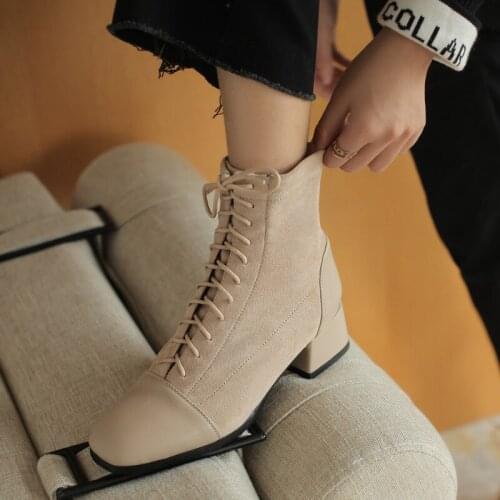 2020 Women Ankle Boots Elegant Office Lady Autumn Winter Shoes Woman Cross-Tied Thick Heels Zip Boots