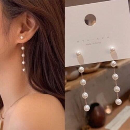 2020 new Korean version of artificial pearl long tassel pendant earrings sweet and simple female pendant wedding gift earrings