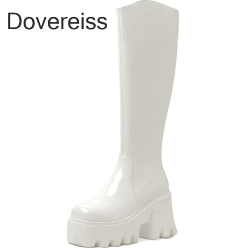 Dovereiss Fashion Female Boots Winter Chunky Heels Sexy White Elegant Zipper Genuine Leather Platform Boots Knee High Boots New