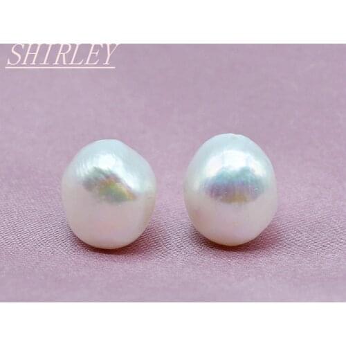 White baroque stud earrings, 100% natural freshwater pearl, 925 sterling silver, irregular shape, ladies pearl stud earrings