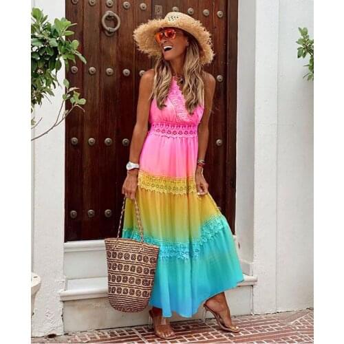 Rainbow Colors Sling Big Swing Dress Elegant Pink Gradient Pleat Sleeveless Backless Dresses V Neck Long Maxi Dress Vestidos