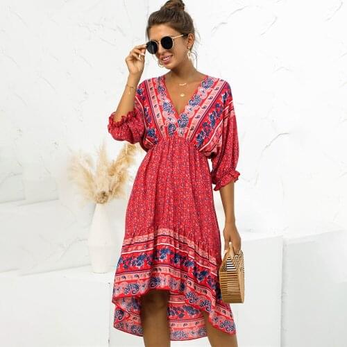 Women Sexy V Neck Boho Midi Dress Summer Vintage Floral Print half Sleeve Empire Lady Dresses Casual Loose Party Chic Vestidos
