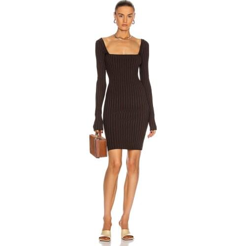 Winter Womens Brown Square Collar Long Sleevel Mini Polyester Dress Night Party Dress