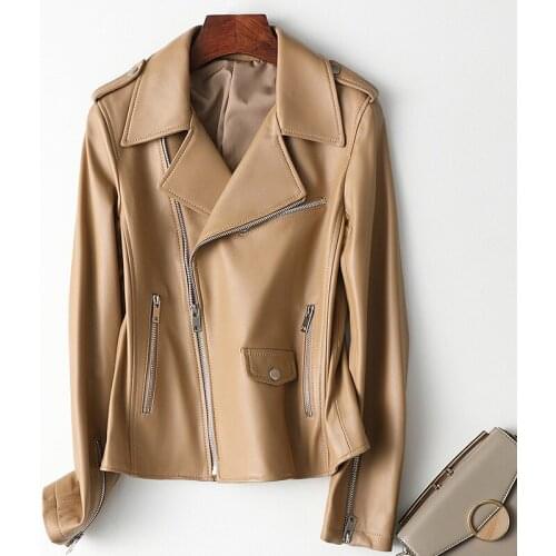 Biker New Motorcycle Women Slim Short White Real Coat Streetwear Genuine Leather Jacket Ladies Quality Sheepskin