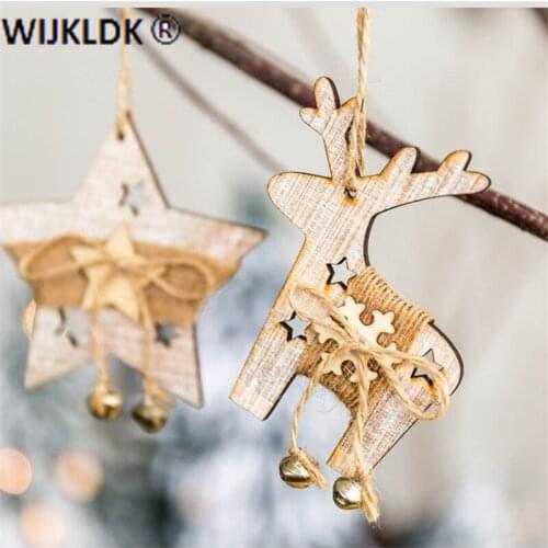 Wooden Deer Star Christmas Tree Ornaments Pendants Hanging Crafts Xmas New Year Gift Christmas Decoration for Home Navidad -S