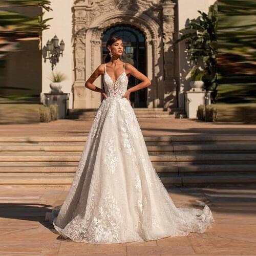 Affordable Graceful A Line Lace Open Back Bridal Wedding Gowns Sleeveless Plunge V Neckline Wedding Dresses for Bride Appliqued