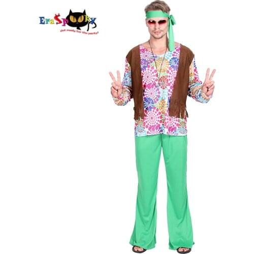 Eraspooky 70s Retro Floral Mens Hippies Cosplay Love And Peace Halloween Costume for Adult Carnival Party Outfit