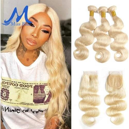Missblue #613 Brazilian Body Wave 3 Bundle With Closure Hair Weave With Lace Closure Remy Blonde Human Hair Bundles With Closure