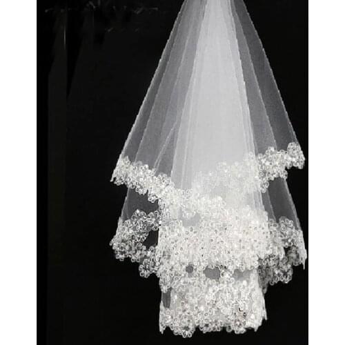 Arrival White Lace Edge White Tulle Bridal Wedding Veils One Tier Beaded 120cm Bride Veils