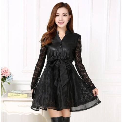 Autumn And Winter New Genuine Leather Lace Long Sleeve Tie Dress Women Sheepskin Splicing European Root Yarn Leather Clothes