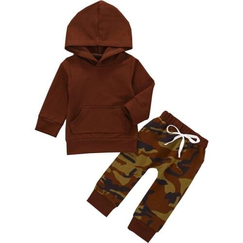 Lioraitiin 0-24M Baby Boys Autumn Clothing Solid Color Long Sleeve Hooded Top + Camouflage Trousers Set