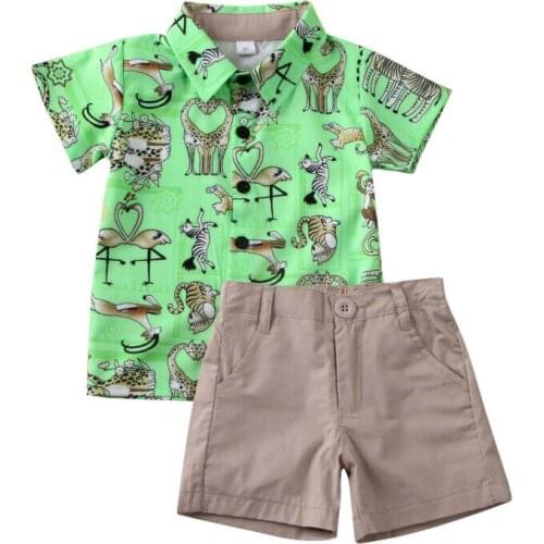 1-6Y Summer Infant Kids Boys Clothes Sets Animal Print Short Sleeve Single Breasted Tops Shorts 2pcs Beachwear Outfits