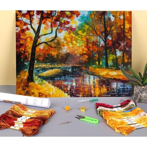Forest Stream Under The Bridge Pre-Printed 11CT Cross-Stitch Full Kit DIY Embroidery DMC Threads Handmade Hobby Decor