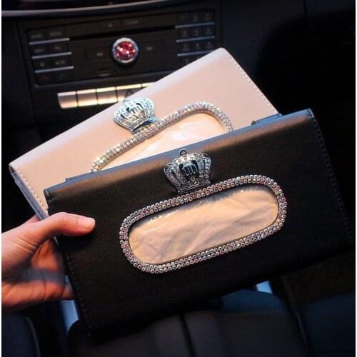 Luxury Diamond Crystal Black PU Leather Car Sun Visor Tissue Holder Mount Hanging Tissue Holder Sunshade Case Paper Towel Cover